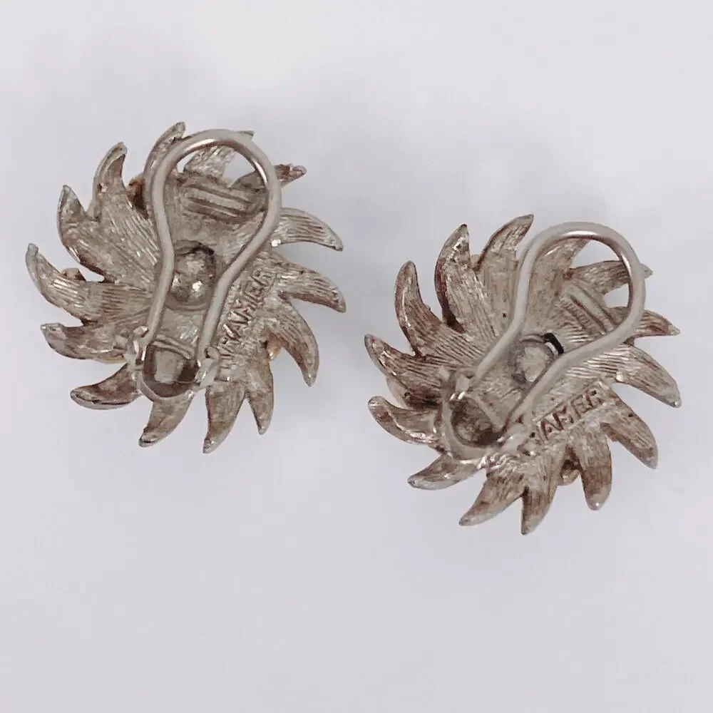 Signed Kramer Vintage Mid Century Atomic Aqua Blue Rhinestone Clip Earrings